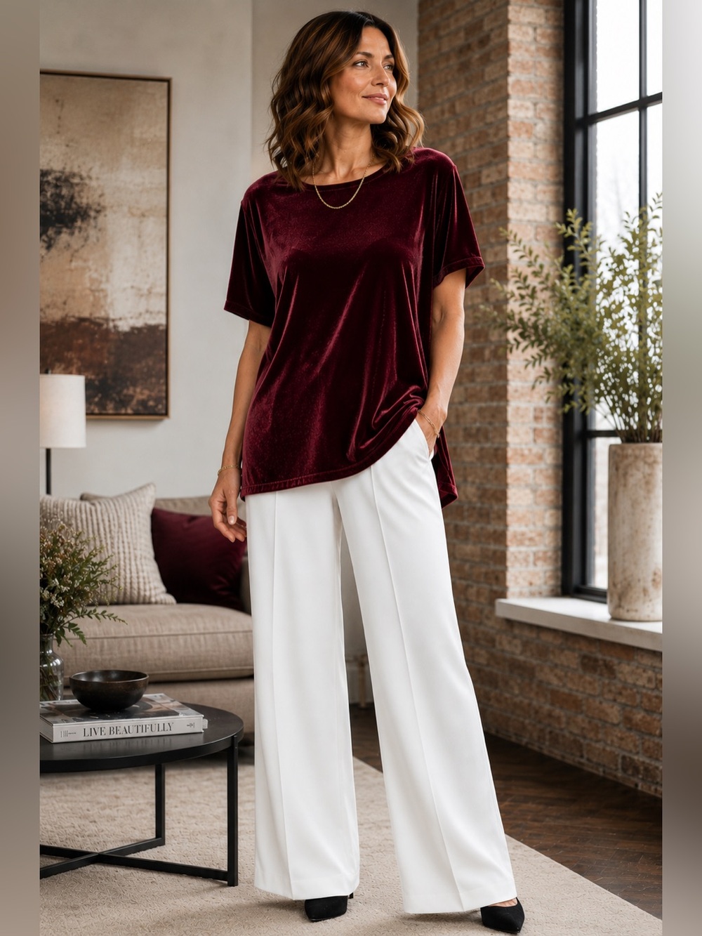 NWOT Eileen Fisher L Burgundy Silk Velvet Tunic Blouse Short Sleeve Top
